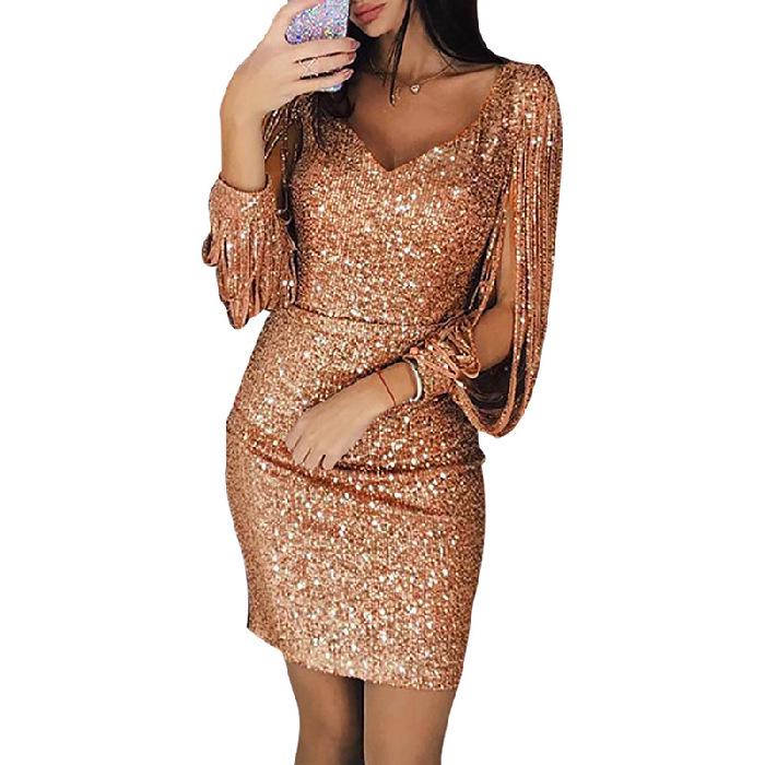 European & American Glam Sequin Tassel Long Sleeve Party Dress