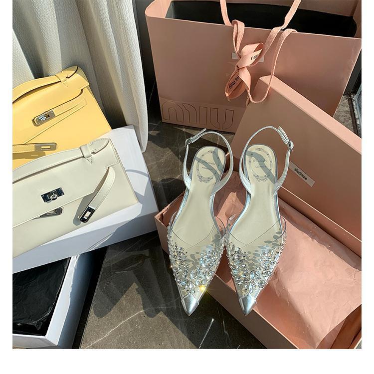 Fairy rhinestone transparent sandals 2025 spring feeling niche bag head low heel flat bottom pointed crystal women's shoes