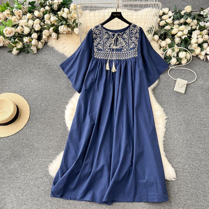 Women's Clothing Retro Belly Covering Slim Looking Dress Embroider