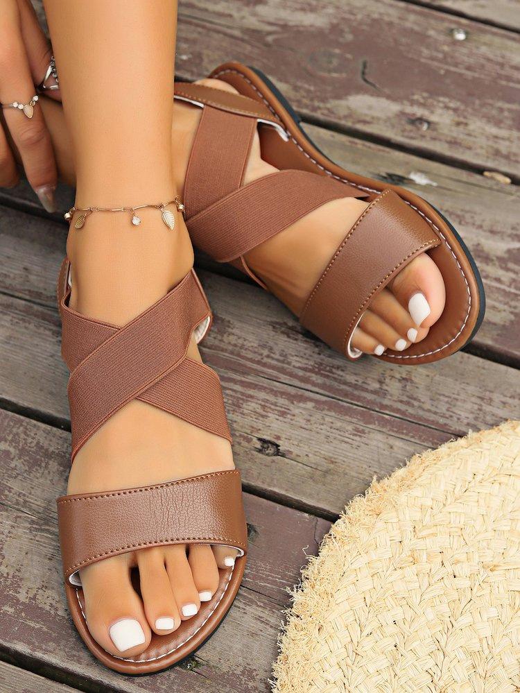 

Женские сандалии на плоской подошве с перекрестными эластичными ремешками, однотонные туфли с открытым носком 43 светло-коричневого