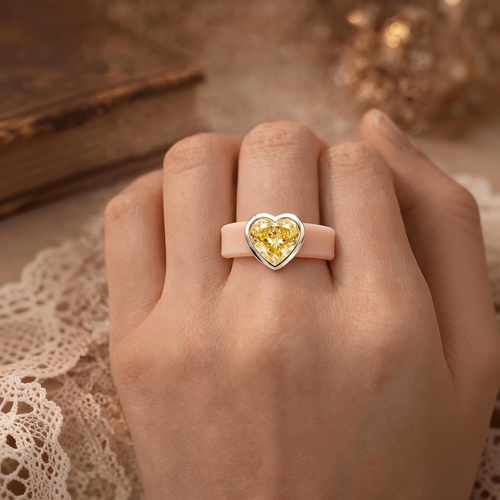 14K Golden Plated khaki Skin-safe Silicone  Ring, Yellow Heart-shaped CZ Ring,Stylish Jewelry for Everyday