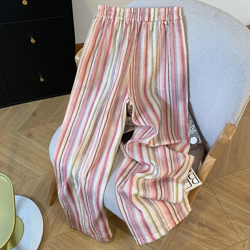 Pantaloni Lunghi Larghi a Righe Arcobaleno Estivi da Donna Coulisse Elastico Vita Alta Stile Boho Vacanza Spiaggia Pantaloni Casual Colorati