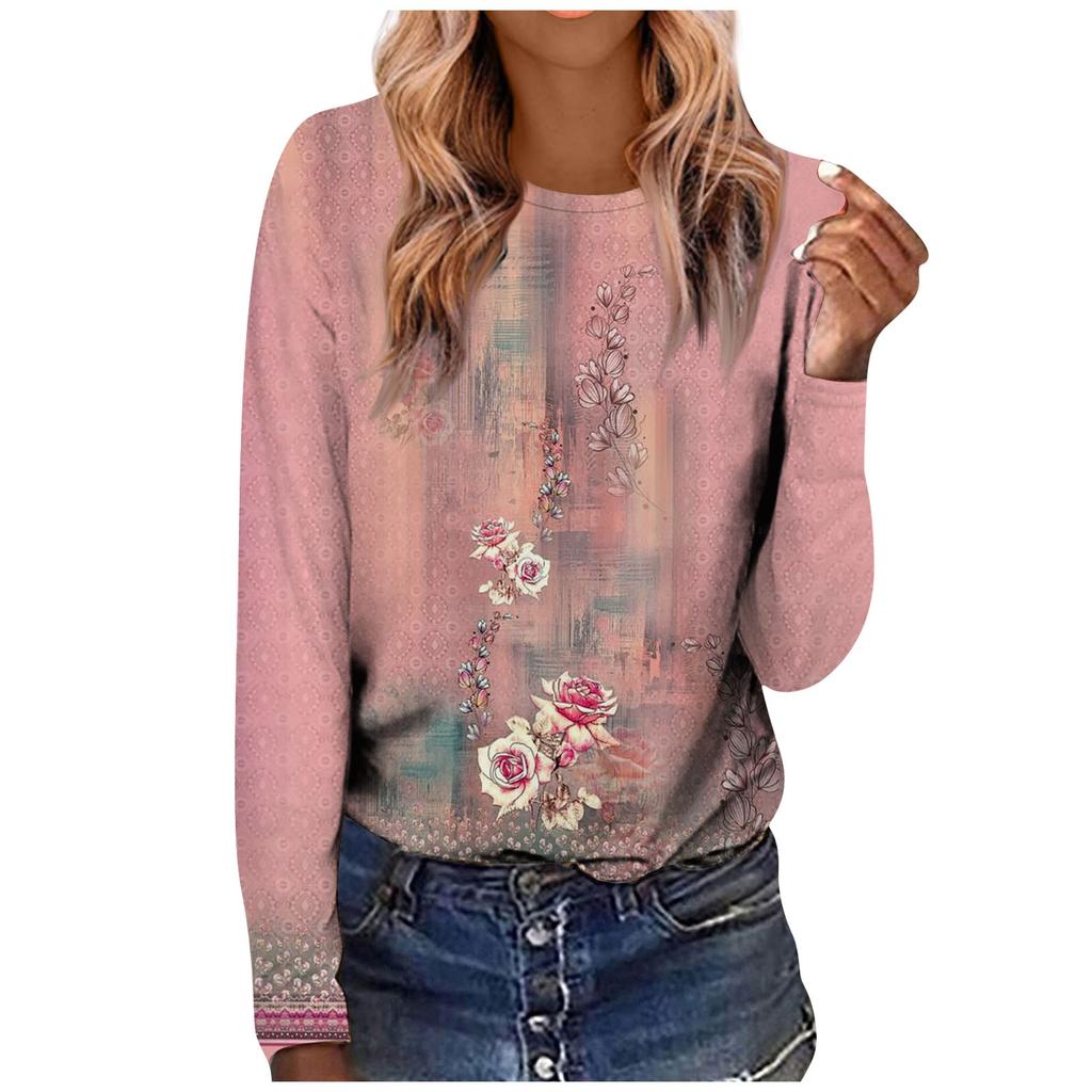 Women's Fashion Casual LongSleeve Print Round Neck Pullover Top Blouse