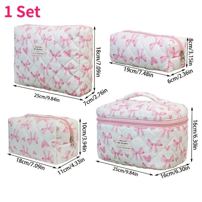 

4pcs Pink Heart & Bow Pattern Makeup Bag Set Cute Cosmetic Organizer Large Capacity Daily Use & Travel Makeup Storage Bags Women