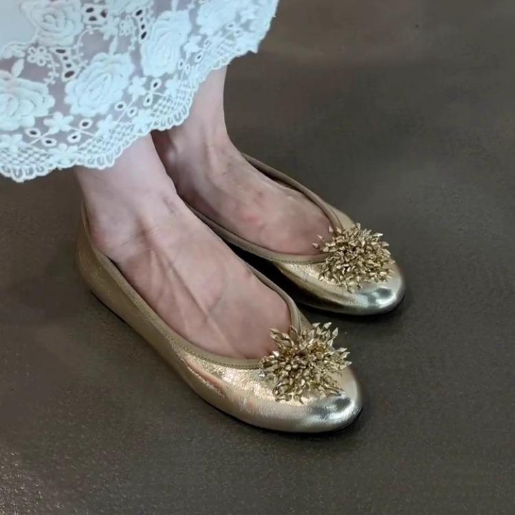 

Версия из овчины~ Высококачественные туфли-лодочки с фейерверком из стразов, женские, новинка 2025 года, под юбку, с круглым носком, на плоской подошве, балетки 40 золотой