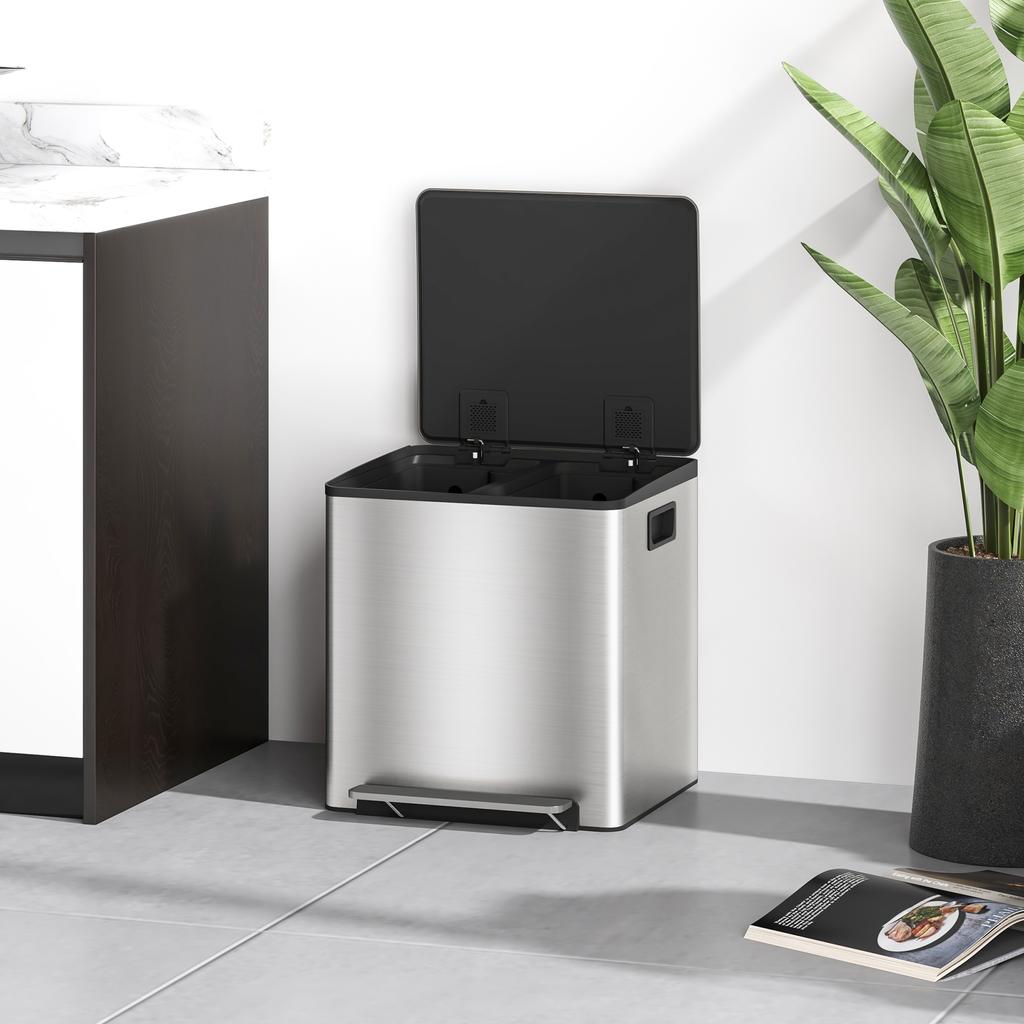 30L Dual Compartment Stainless Steel Bin, with Deodoriser Holders - Silver Tone