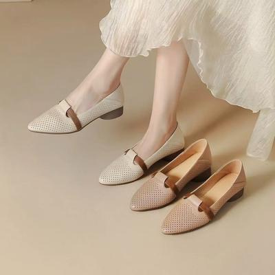 Soft Leather Hollow Sandals Women's 2025 New Summer Thick Heel Low Heel Soft Sole Mother Shoes Breathable Hole Single Shoes