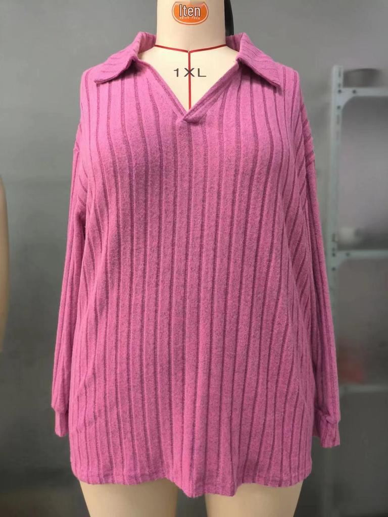 2025 Autumn/Winter Women's Plus Size V-Neck Ribbed Brushed Long Sleeve Top