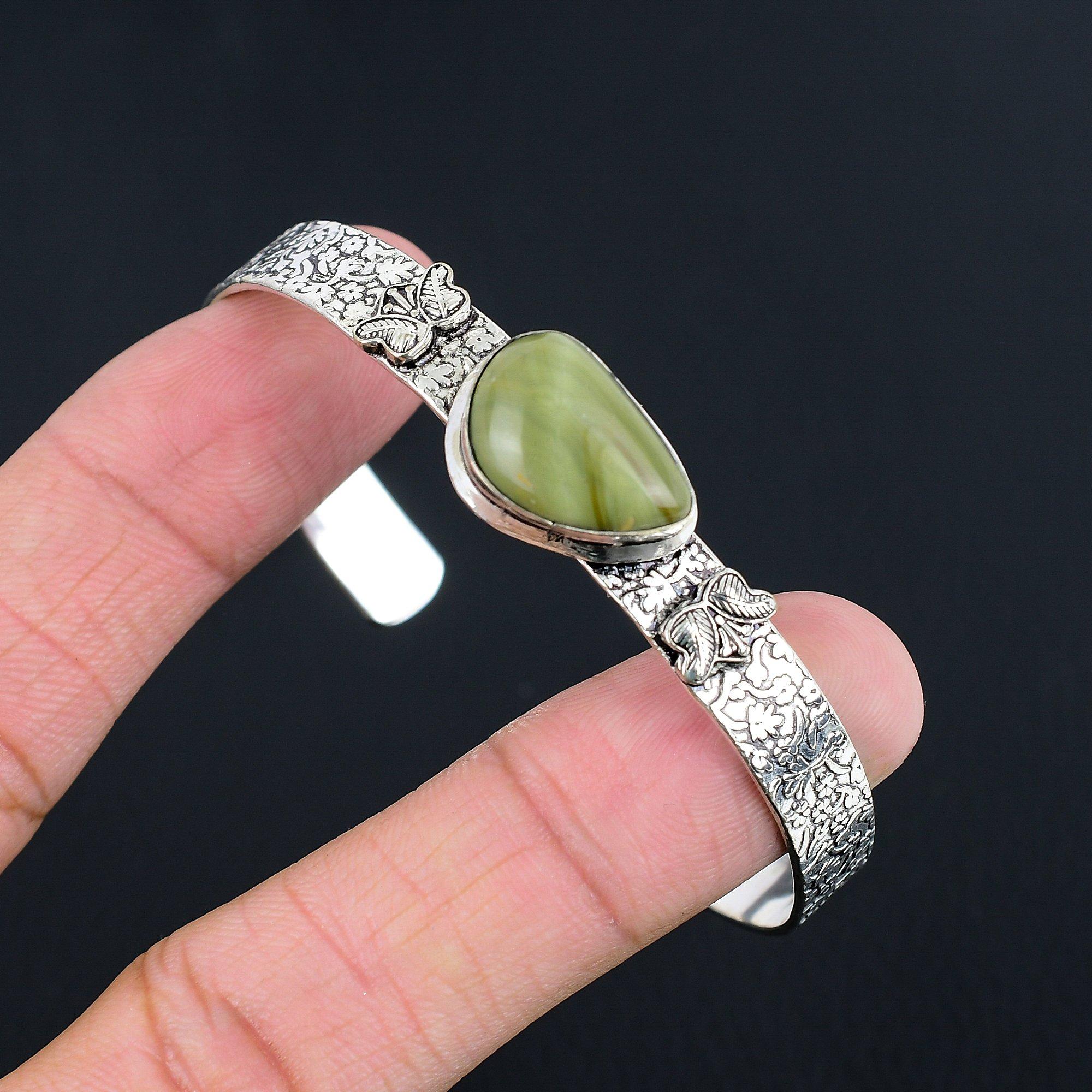 

925 Sterling Silver Pear Polychrome Jasper Gemstone Engagement Wife Boho Bangle Adjustable