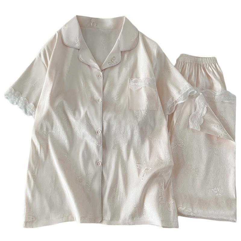 Summer Ice Silk Short-Sleeved Pajamas Female Sweet Fairy Wind Butterfly Thin Silk Loungewear Two-Piece Set