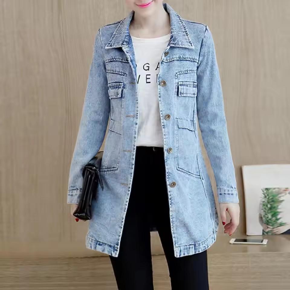 

Весенне-осенняя женская джинсовая куртка большого размера средней длины с длинными рукавами XS светло-синий