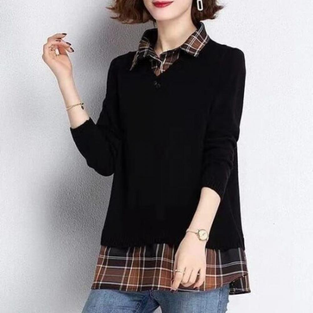 Navava Men VInTage Two In One Check Collar Long Sleeve KniT T shirT Nk3200