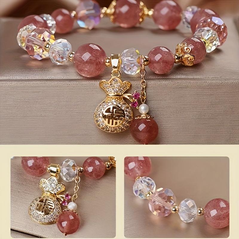 1 lucky bag pink strawberry stone bracelet with heart-shaped pendant and golden beads - shiny embellishments, adjustable elastic strap, playful design