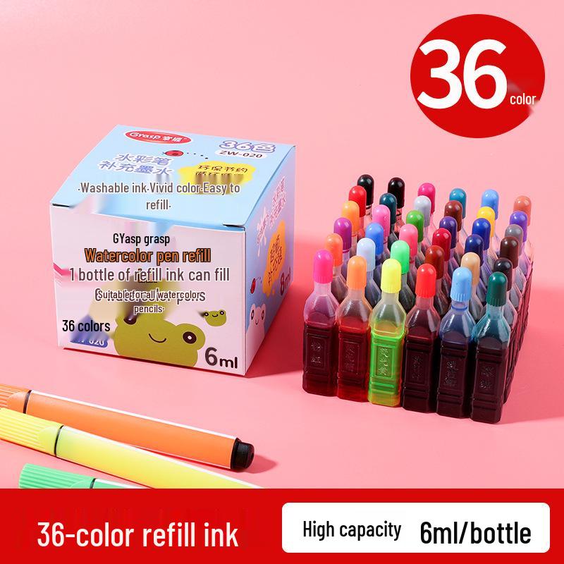 Washable Watercolor Pen Ink Refill Cartridges: 12, 18, 24, 36 Colors for Children's Airbrush Coloring