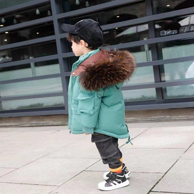 Children's Hooded Fur Collar Down Jacket Baby Boys and Girls Winter White Duck Down Thickened Irregular Zipper Cotton Jacket