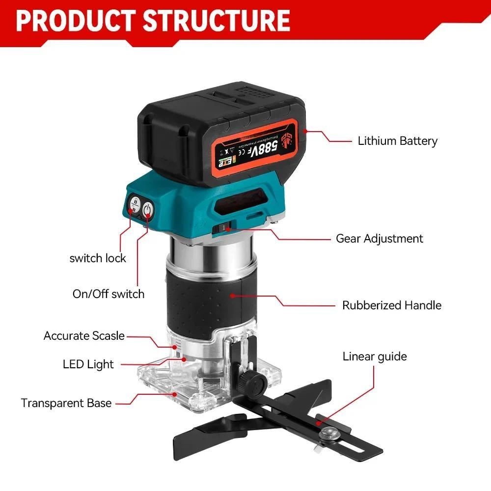 1600W Cordless Wood Router 5 Speeds Brushless Electric Hand Trimmer Portable Woodworking Engraving Slotting Power Tool