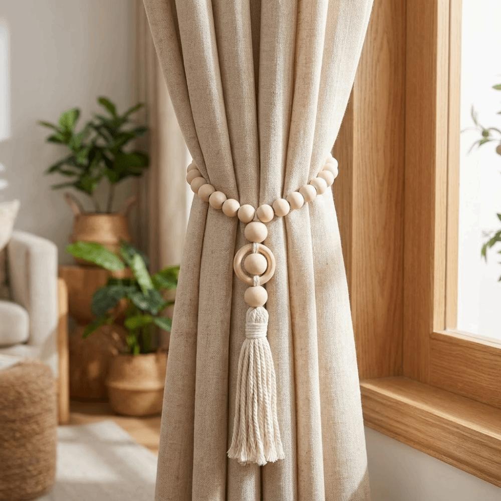 Einfache rustikale Holzperlen-Vorhanghalter mit Quasten Dekorative Vorhangschnalle Bohème-Stil Vorhangband Landhausstil