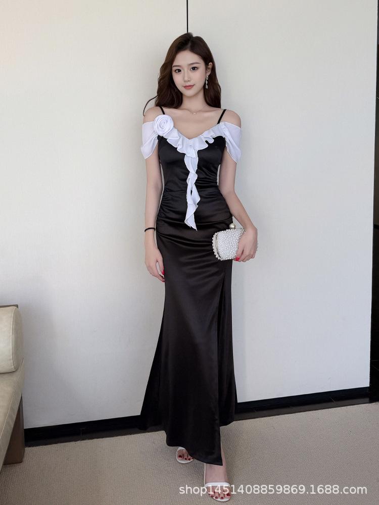 

2025 Black & White 3D Spaghetti Strap Dress – Elegant Nightclub Party Gown with Slit Large