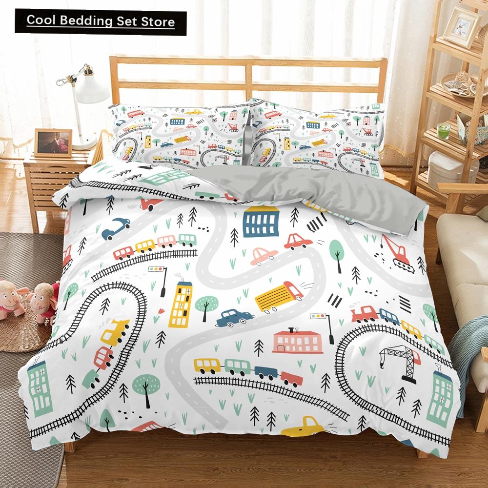 Kreslené Vlakové Ložní Sety 2/3ks Povlak na Peřinu Autíčko Náklaďák Měkký Povlak na Přikrývku Jednolůžko Queen King Size Polyesterový Povlak na Přikrývku