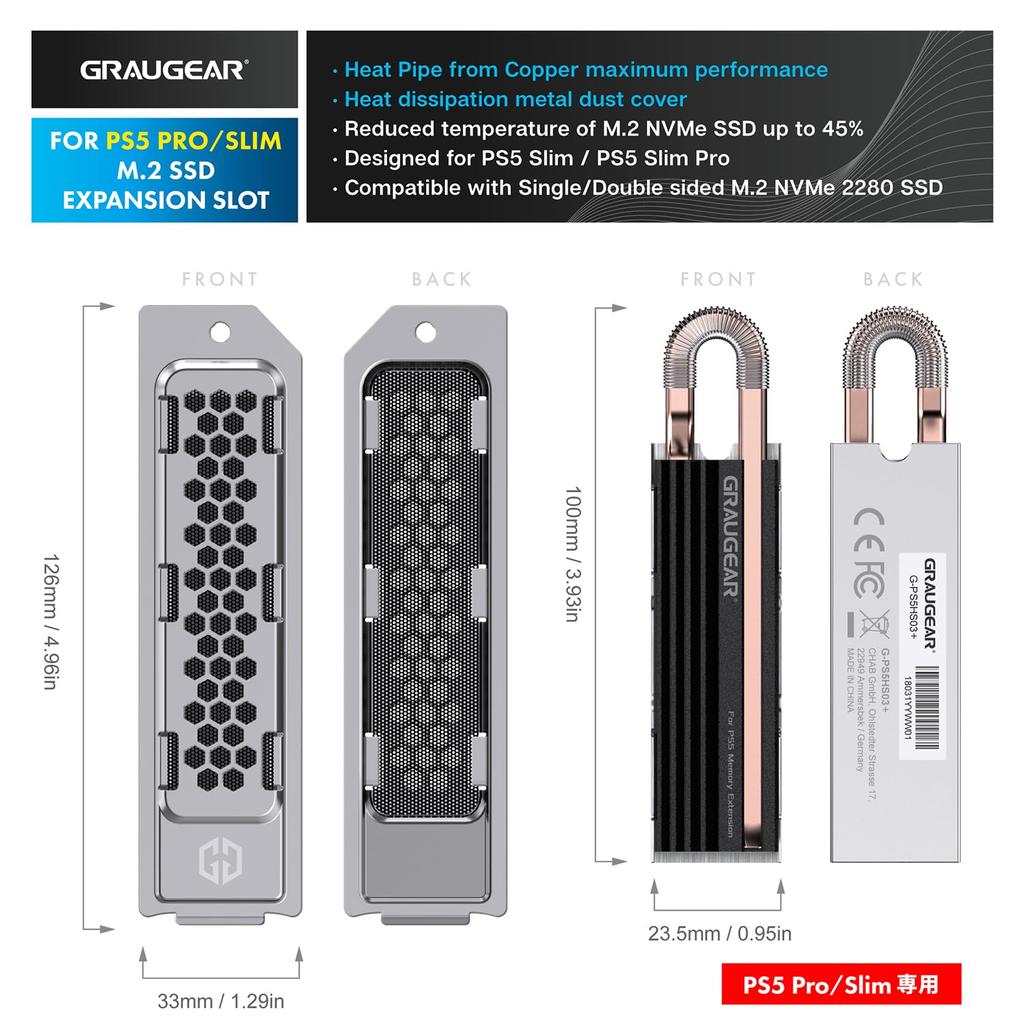 GRAUGEAR 2280 NVMe SSD Heatsink for PS5 Replacement Expansion Slot Cover for PlayStation 5 Includes Direct Touch Heat Copper Aluminum and Dust Easy