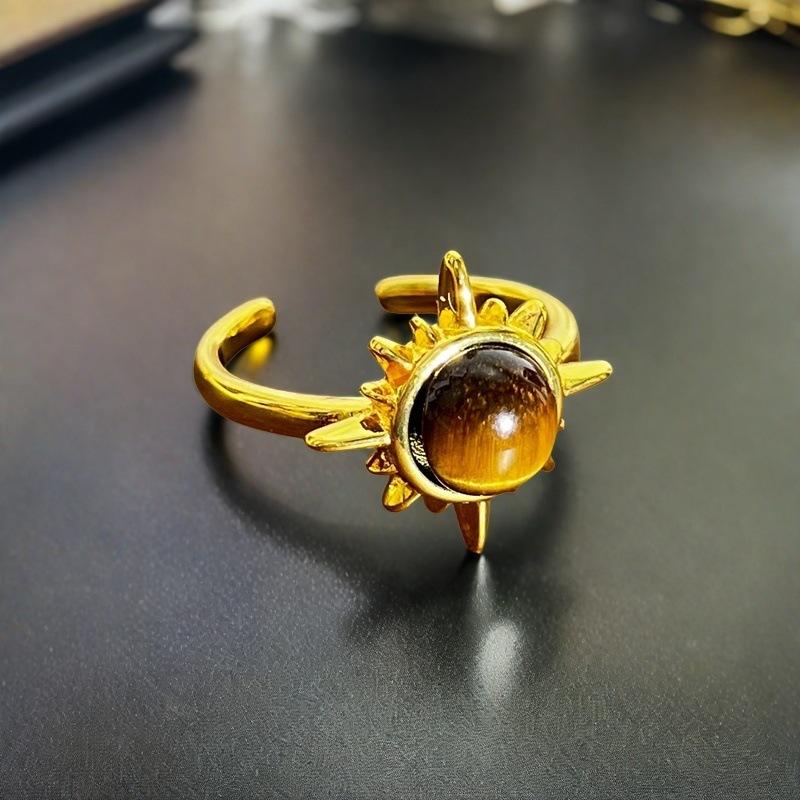 Medieval Sunflower Tiger'S Eye Stone Gourd Open Ring Stacked Temperament Personality High Sense Fashion Suit