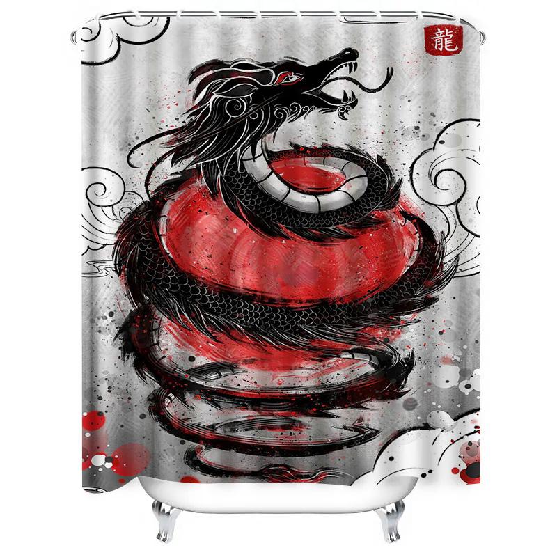 Red and Black Dragon Shower Curtain Waterproof Fabric with Anti-Bacterial Properties for Bathroom Decorations In White Gray Back