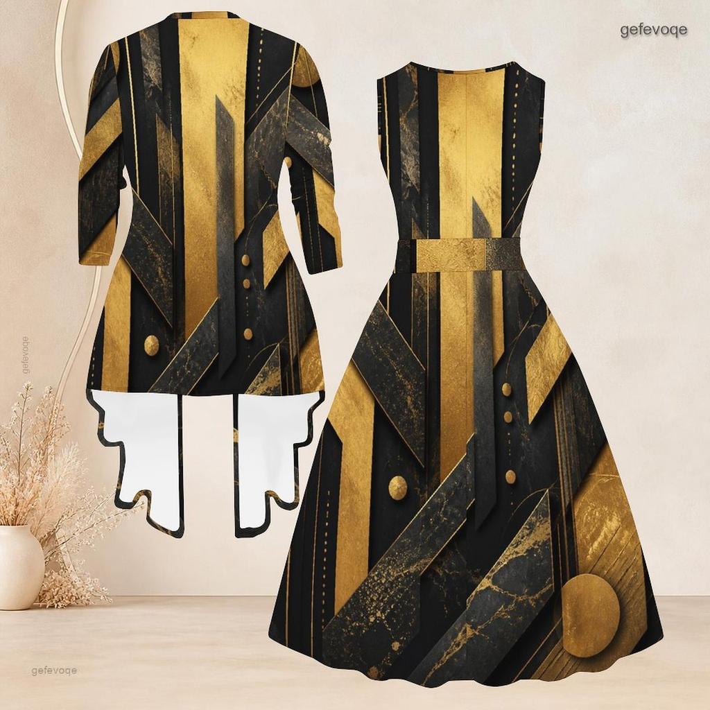 Women Plus Size Two Piece Set Black Gold Geometric Printed Sleeveless Round Neck Tie Waist Flared Dress Three Quarter Sleeve Open Front Cardigan