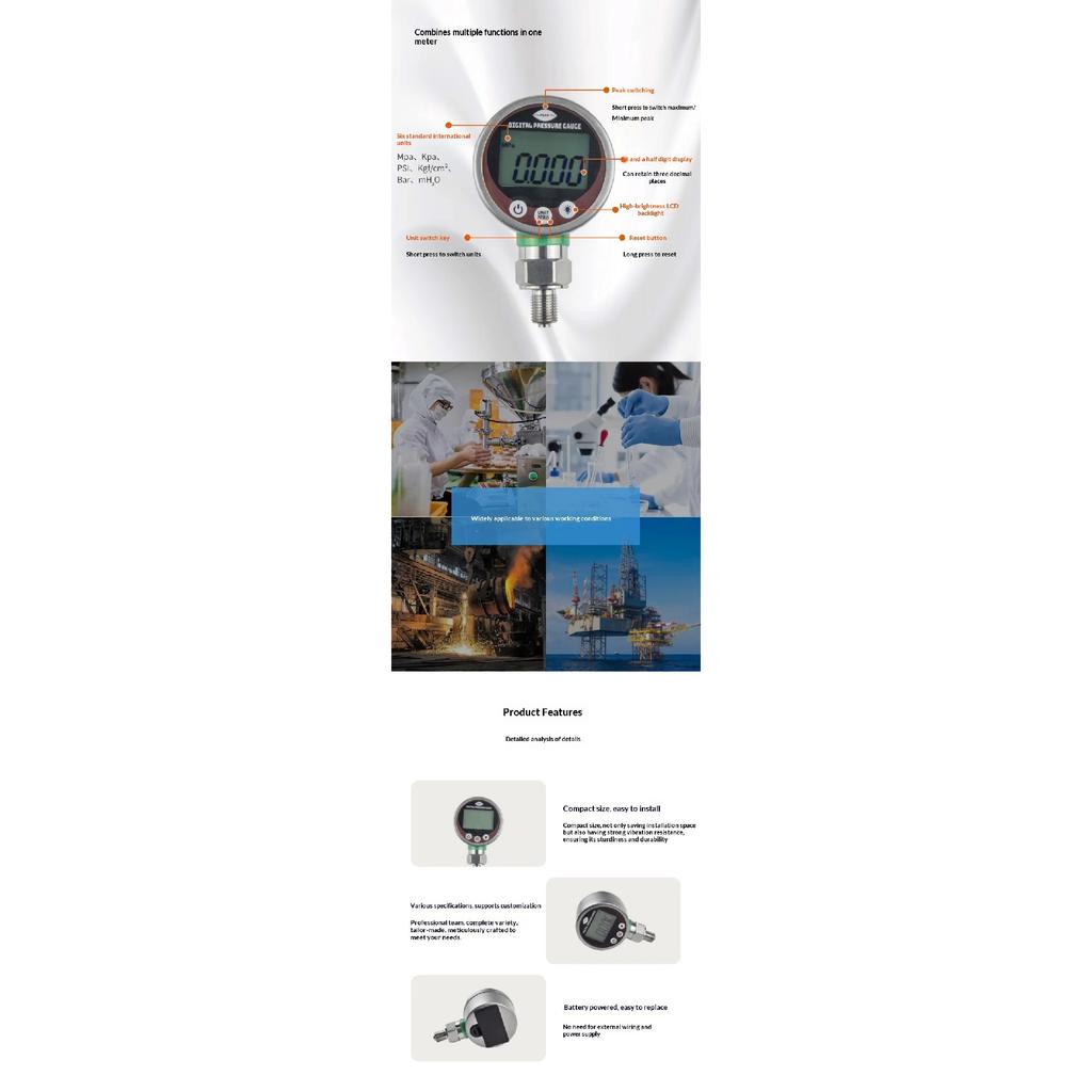 High Precision Digital Pressure Gauge Electronic Manometer for Air Water Oil Hydraulic Fluids with LCD Display