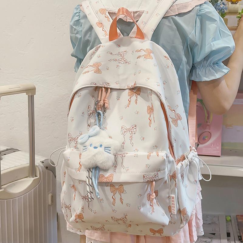 Nylon Travel Backpack For Teens With Butterfly Bow Print