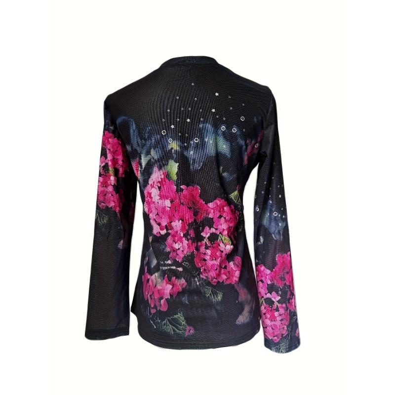 Elegant Floral Print T-Shirt for Women - Polyester Knit Fabric, Hollow Detail, Round Neck, Long Sleeve, Spring/Fall Collection