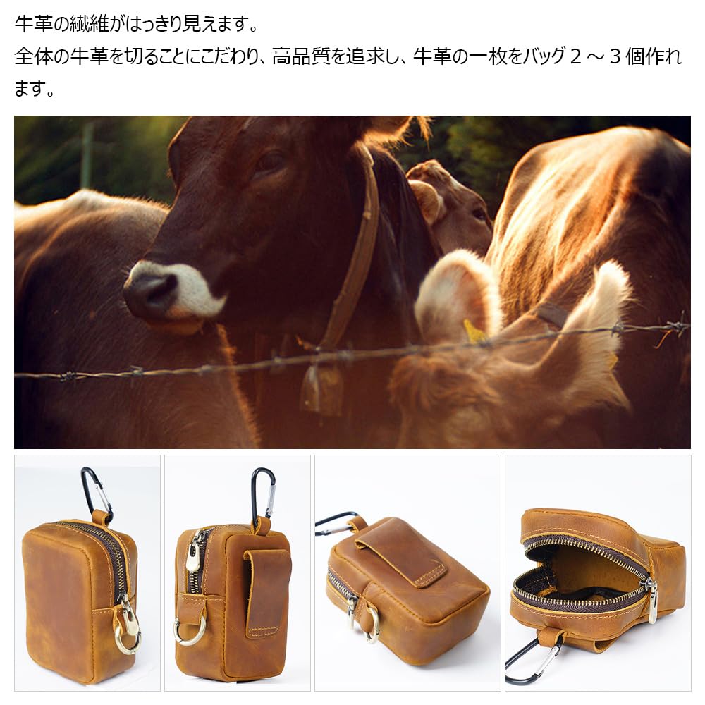 Whatna Natural Thick Cowhide Leather Coin Purse for Men and Mini Sacoche Bag with Belt and Key Includes Earphone Storage Case Women, 2-Way Carabiner,