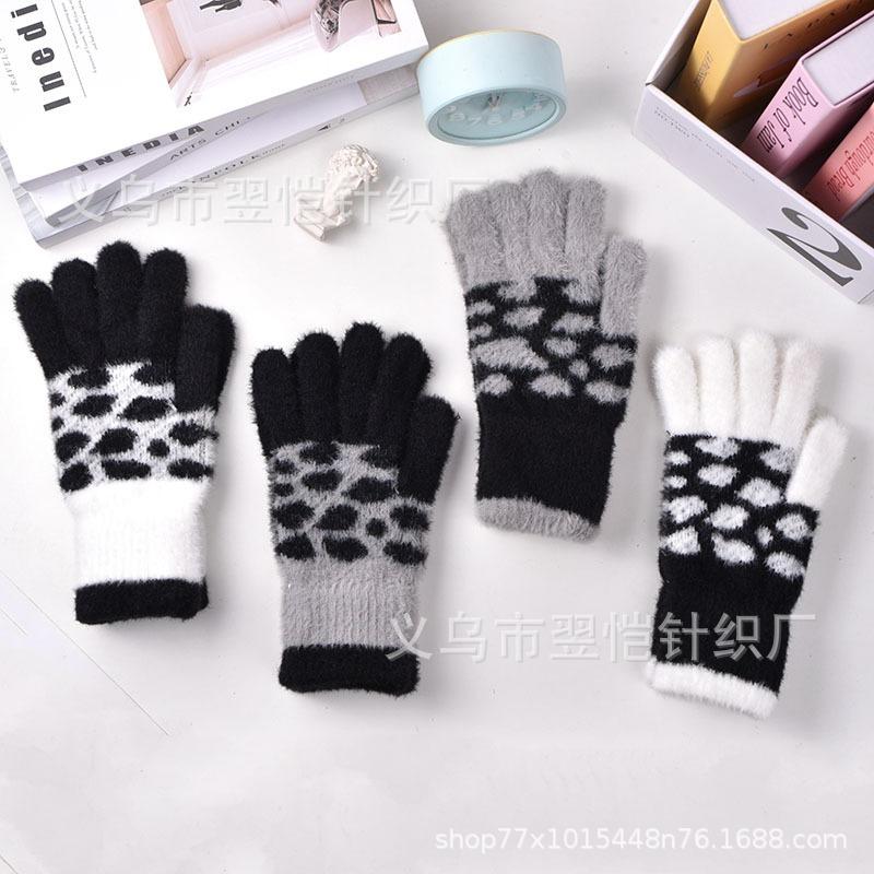 Gloves women's winter open fingers thickened warm male and female students writing cold-proof plush panda antifreeze gloves