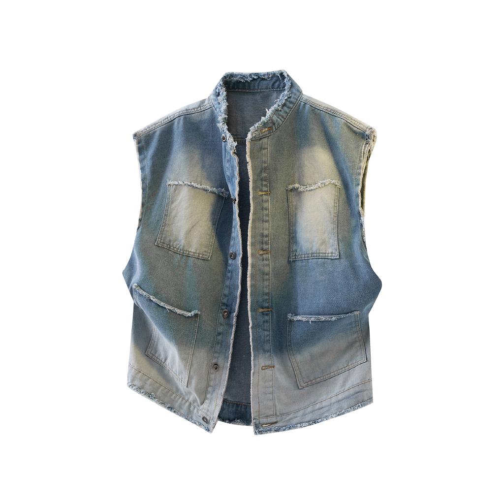 American Ripped Denim Vest Men's and Women's Summer Trendy Brand Sleeveless Vest Vest Trendy Stand-up Collar Tooling Jacket Jacket