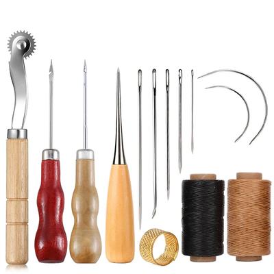 14-teiliges Lederhandwerk Nähset gewachster Faden Holzgriff Handnähnadeln für Anfänger Lederreparatur Nähen Nähwerkzeug