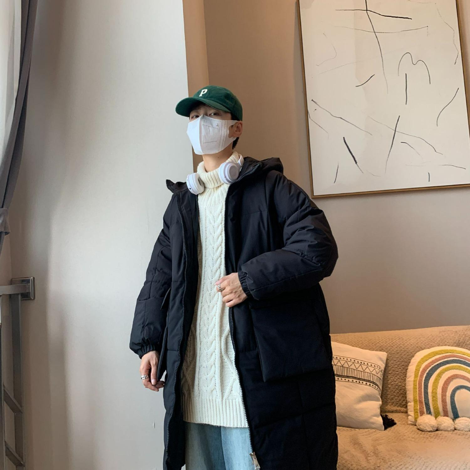 

Men s Mid-Length Thickened Cotton Jacket - Trendy Hooded Autumn/Winter Bread Coat Extra Large чорний