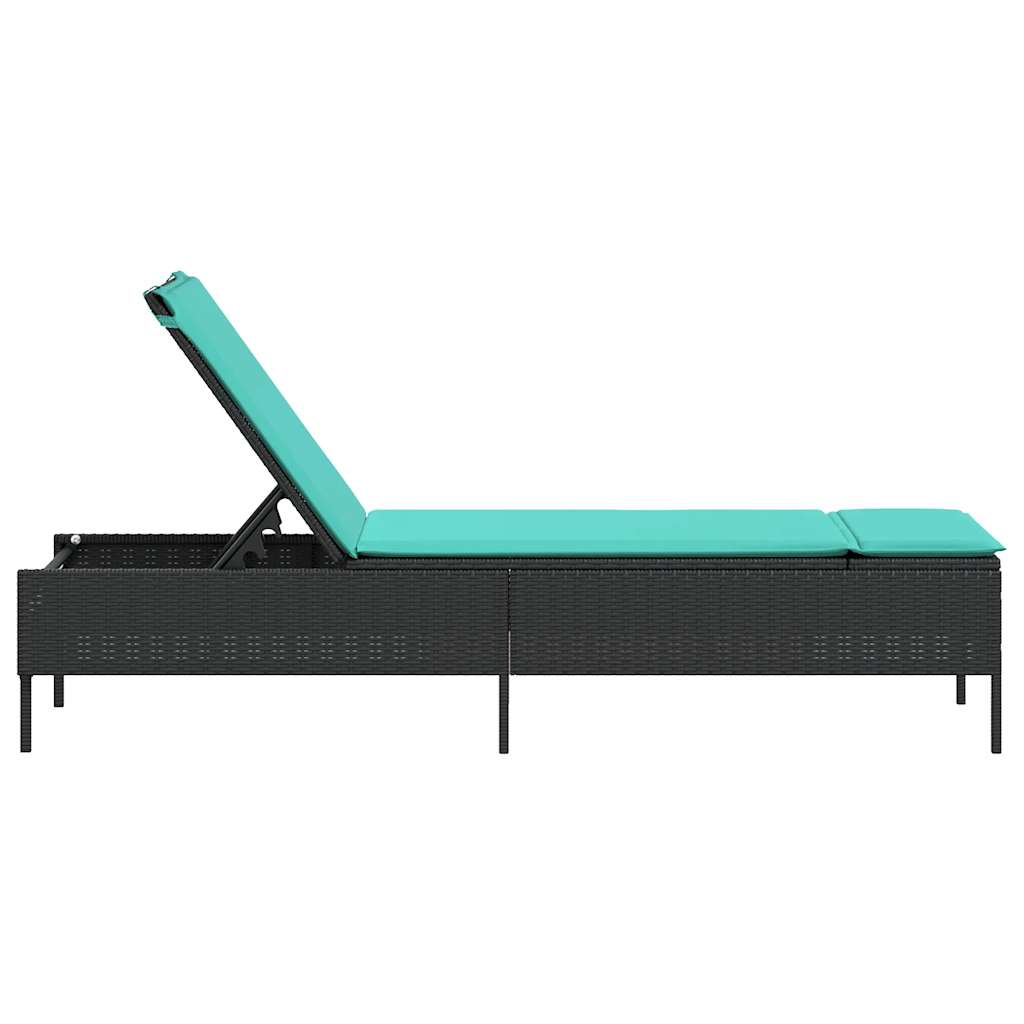 Black Sun Lounger with Cushions Poly Rattan