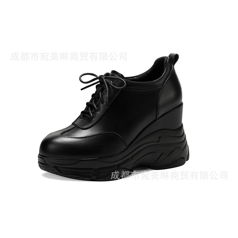 Muffin platform single shoes women's leather 2025 new round head lace-up wedge heel loafers British style heightening small leather shoes