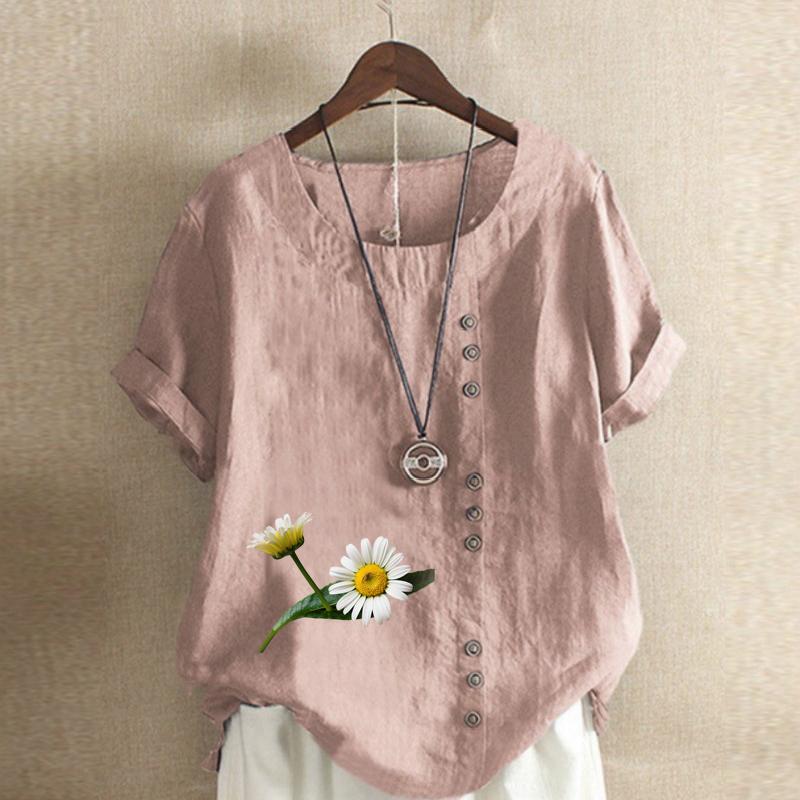 Women's Fashion Round Neck Short Sleeve T-shirt Casual Cotton Linen Graphic Shirt Chrysanthemum Prined Summer Blouse Tops Plus Size