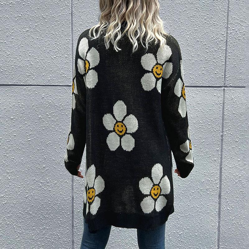 Autumn and Winter Fashion Women's Flower Long Sleeve Medium Length Sweater Cardigan