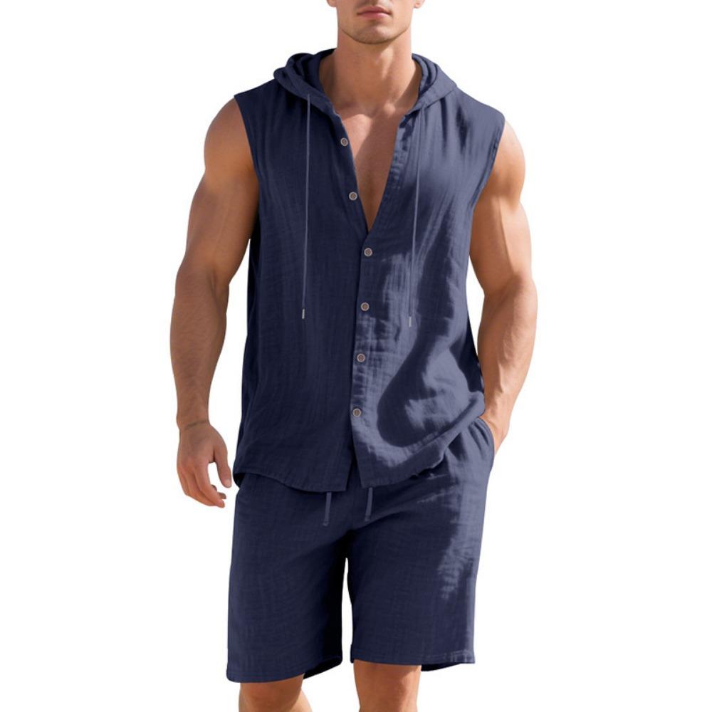 Mens Summer 2 Piece Outfit Shorts Set with Sleeveless Hooded Shirt Top Cotton Beach Casual Loose Fit Comfortable Athletic