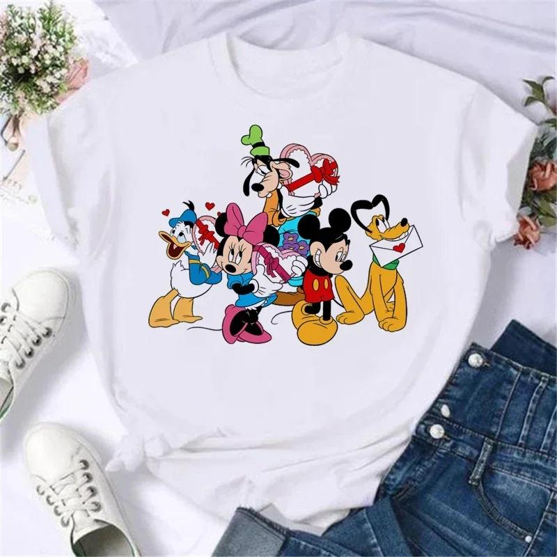 Miniso Disney Family Vacation T Shirt Kawaii Mickey Minnie Donald Duck Print Fashion Clothes Casual Women T-shirt Camiseta Mujer