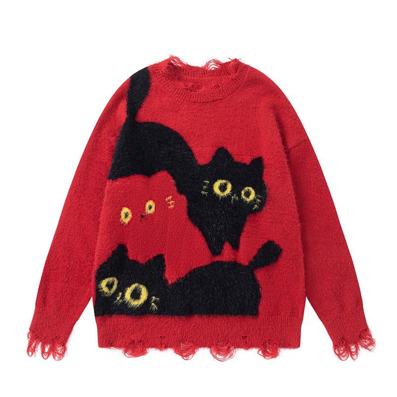 Pull Jacquard Chat Vintage Style Collège Unisexe Hiver Chaud Coupe Ample Pullover Jeune