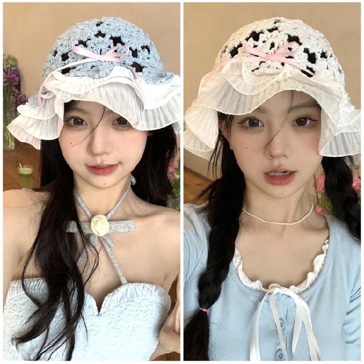 Breathable Knitted Bucket Hat Girl Crochet Fisherman Hat with Pleated Trim