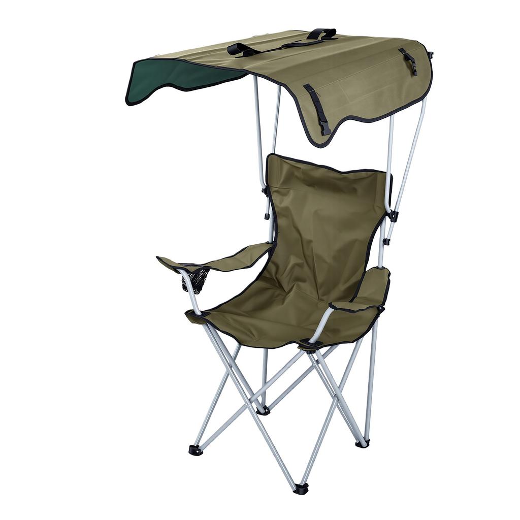 Camping Chair OD Green High Carbon Steel Oxford Fabric Ergonomic Portable Folding Outdoor Chair with Canopy for Beach