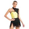 Womens Cutout Sleeveless Latin Dance Leotard Shiny Sequins Contrast Color Patchwork Fringed Bodysuit