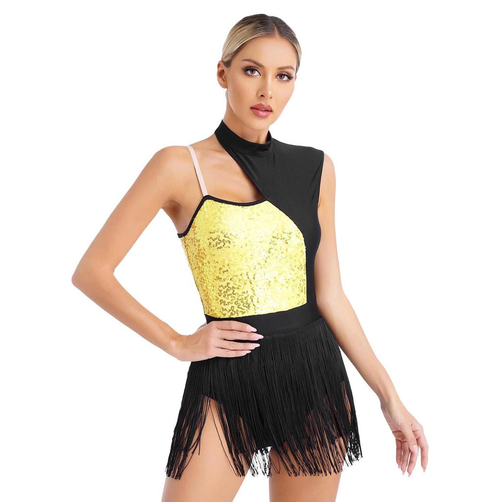 Womens Cutout Sleeveless Latin Dance Leotard Shiny Sequins Contrast Color Patchwork Fringed Bodysuit