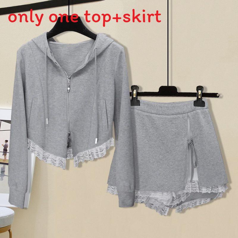Lingerie Style Lace Hooded Sweatshirt And Midi Skirt Set For Casual Wear