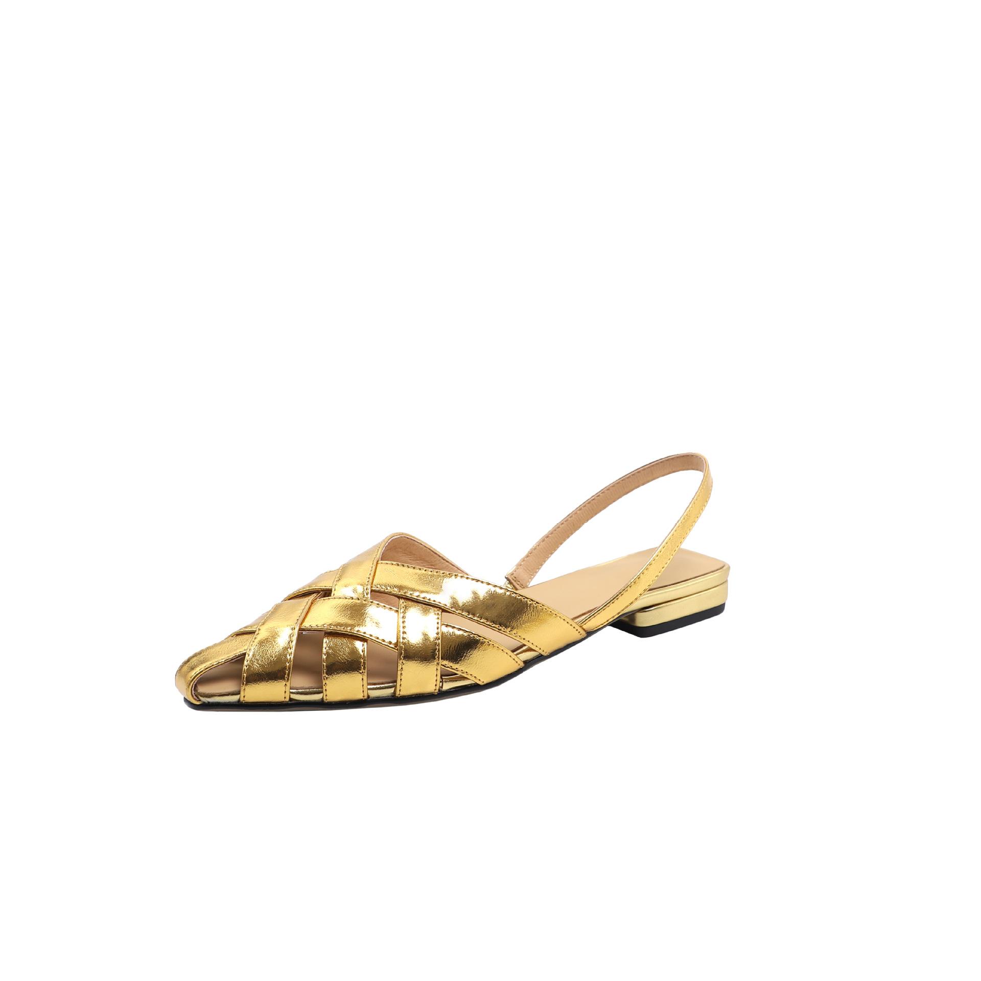 

Летние дышащие полые кожаные сандалии Baotou на низком каблуке с острым носком из воловьей кожи для женщин 39 золотистый