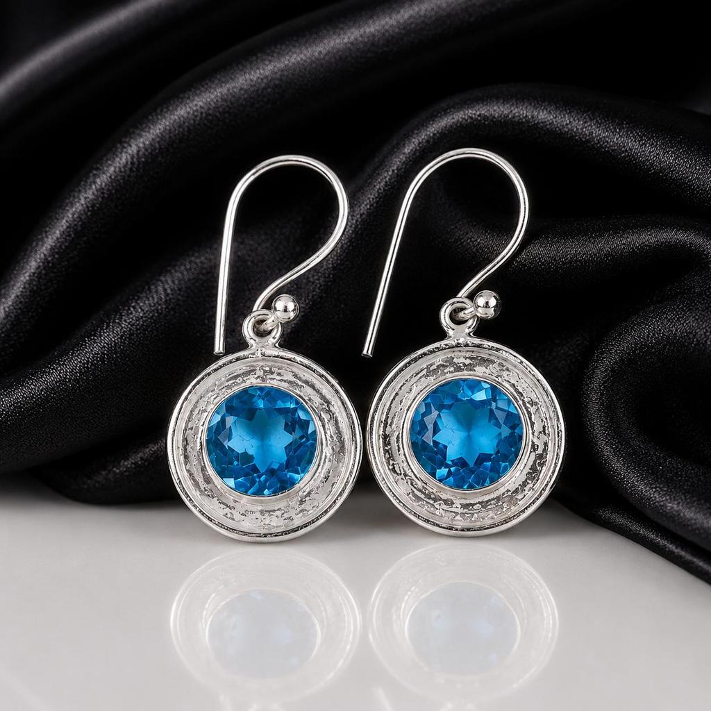 Swiss Blue Topaz Gemstone 925 Sterling Silver Handmade Jewelry Drop/Dangle Earrings 1.40" For Anniversary Gift EE-4-4