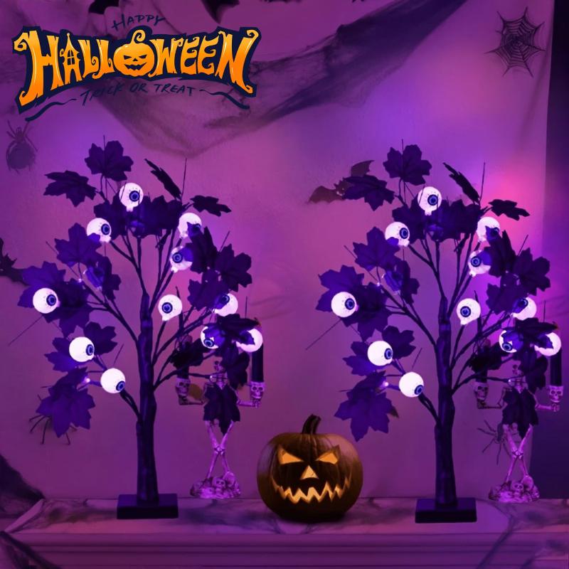 Halloween Eyeball Tree LED Light with Black Leaves Tabletop Ornament for Indoor Halloween Party Home Haunted House Spooky Festival Decor